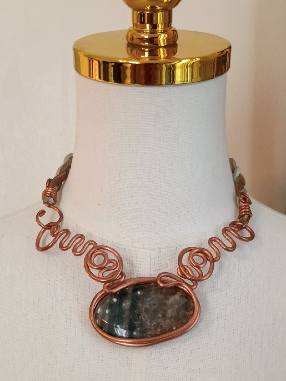 Handcrafted Copper Wire Wrapped Green Agate Statement Necklace Artisan